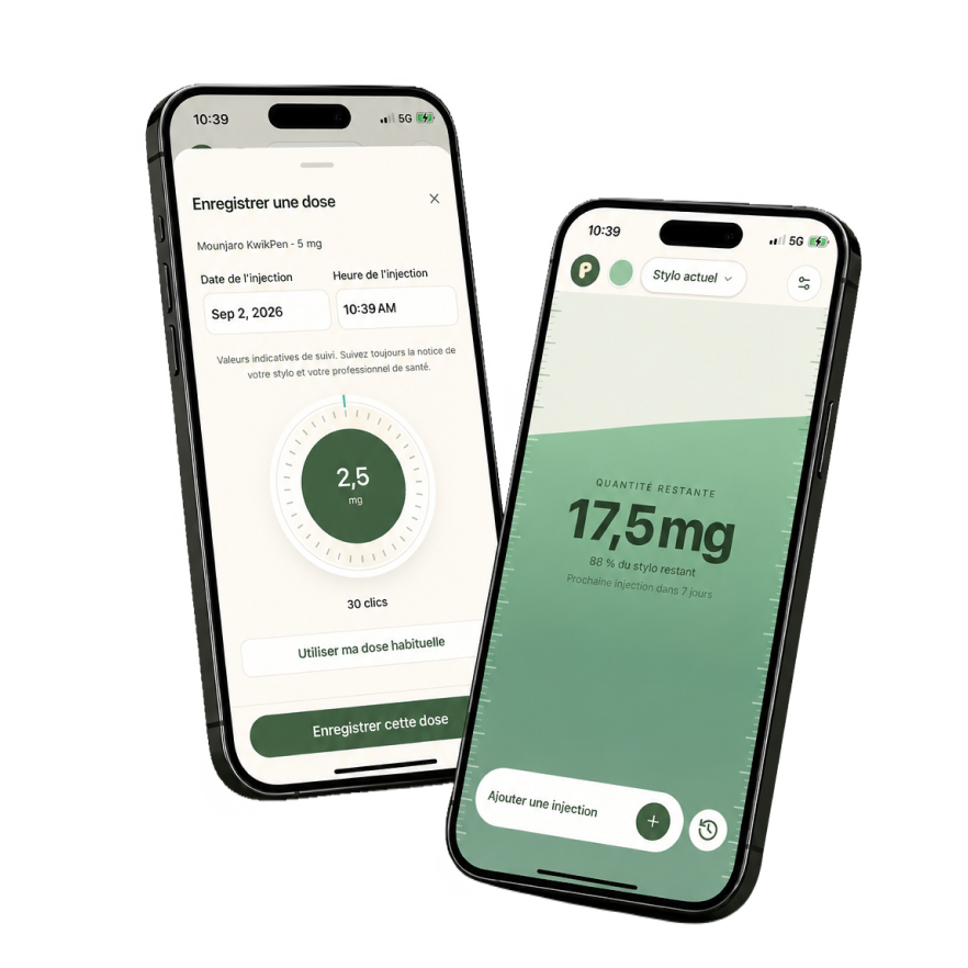 Two iPhones showing dose logging and remaining pen quantity in SUIVIPEN